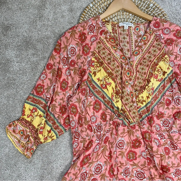 Umgee Floral Border Print Layered Mini Dress Boho Gypsy Rose Pink Plus Size 1X - Picture 4 of 15